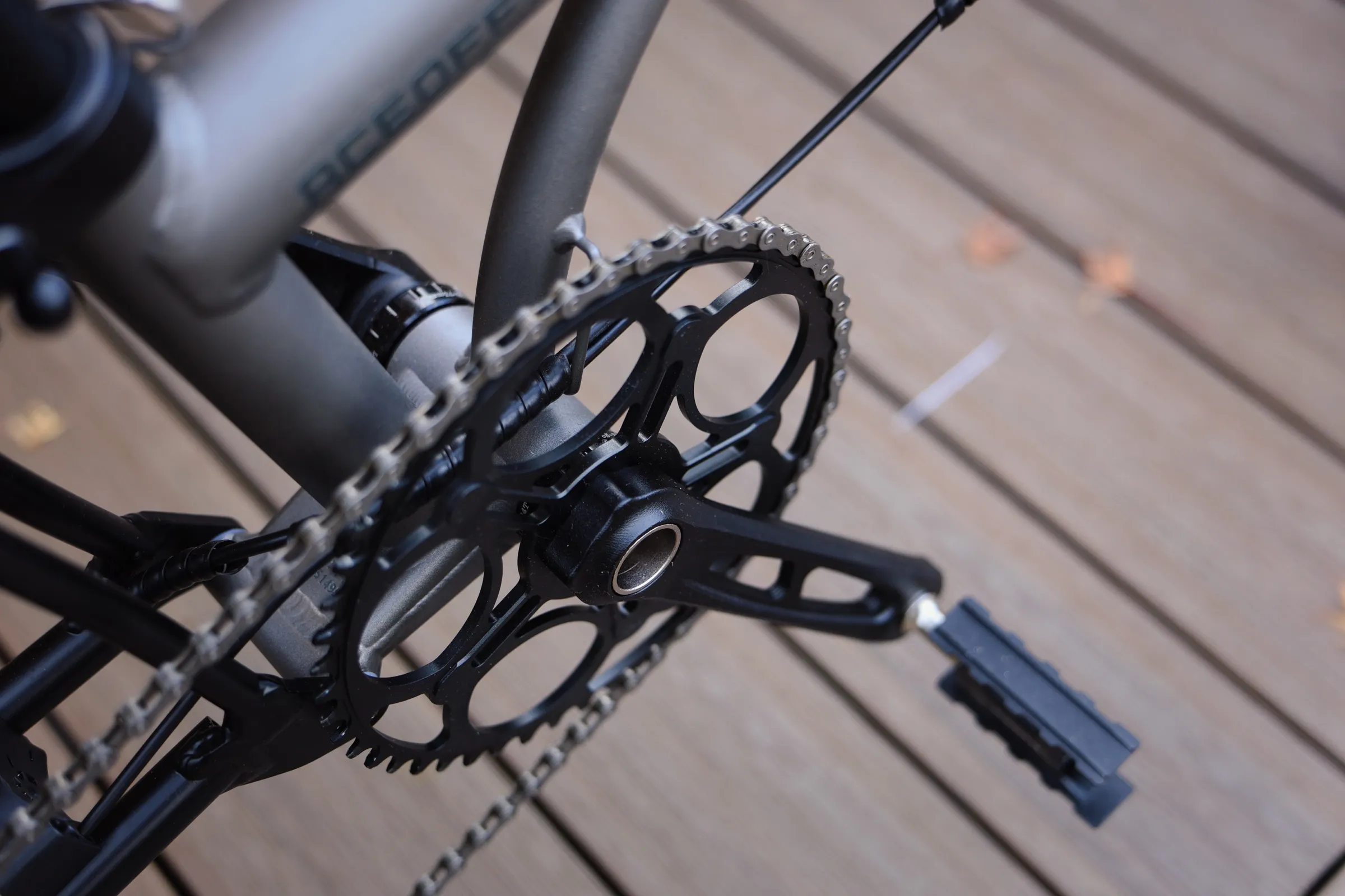 Gravon crankset and chainring detail photographed outdoors, showing the finish and hardware in real use