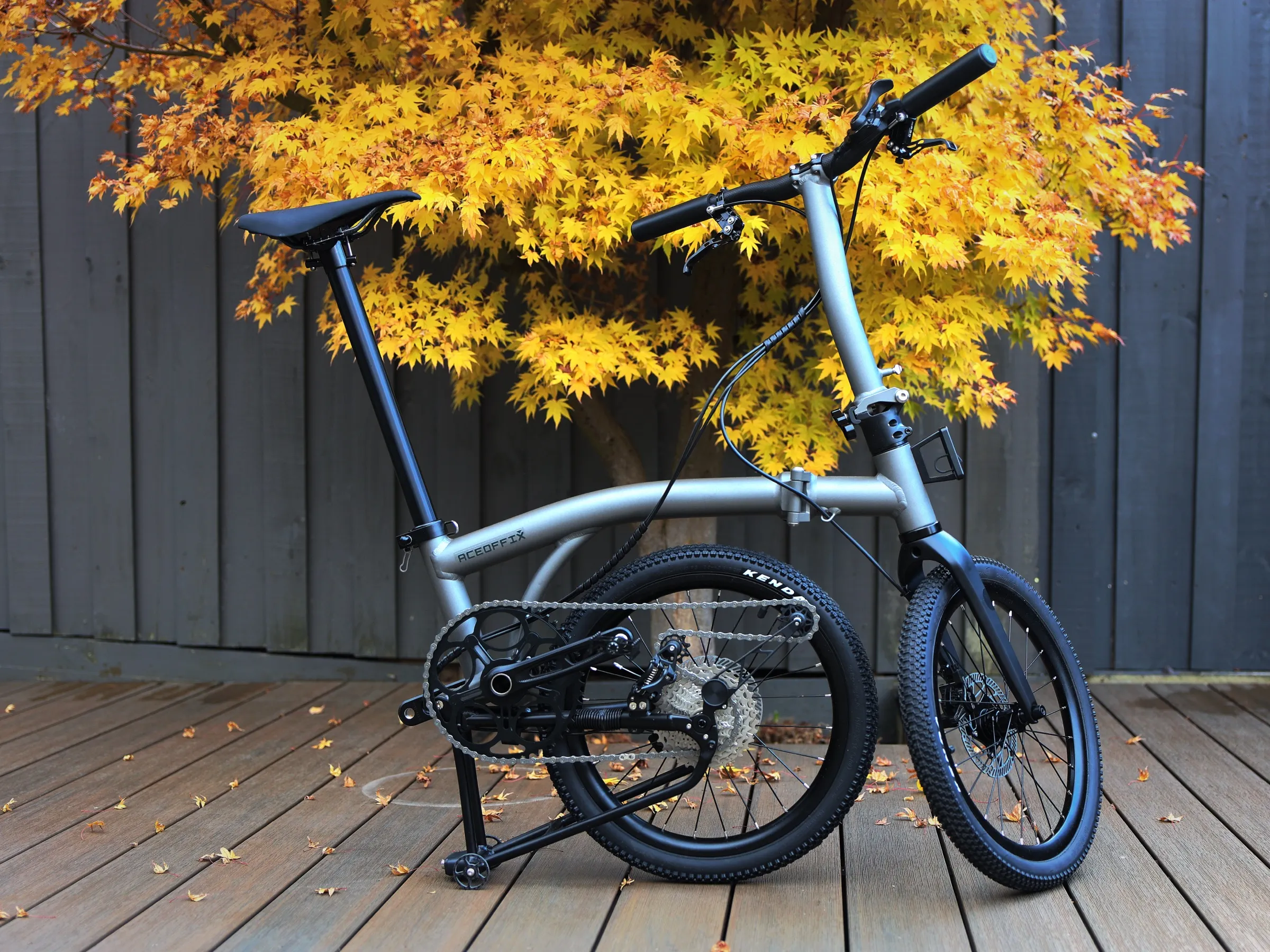 Gravon folding bike among autumn maple leaves, photographed outdoors in warm natural light