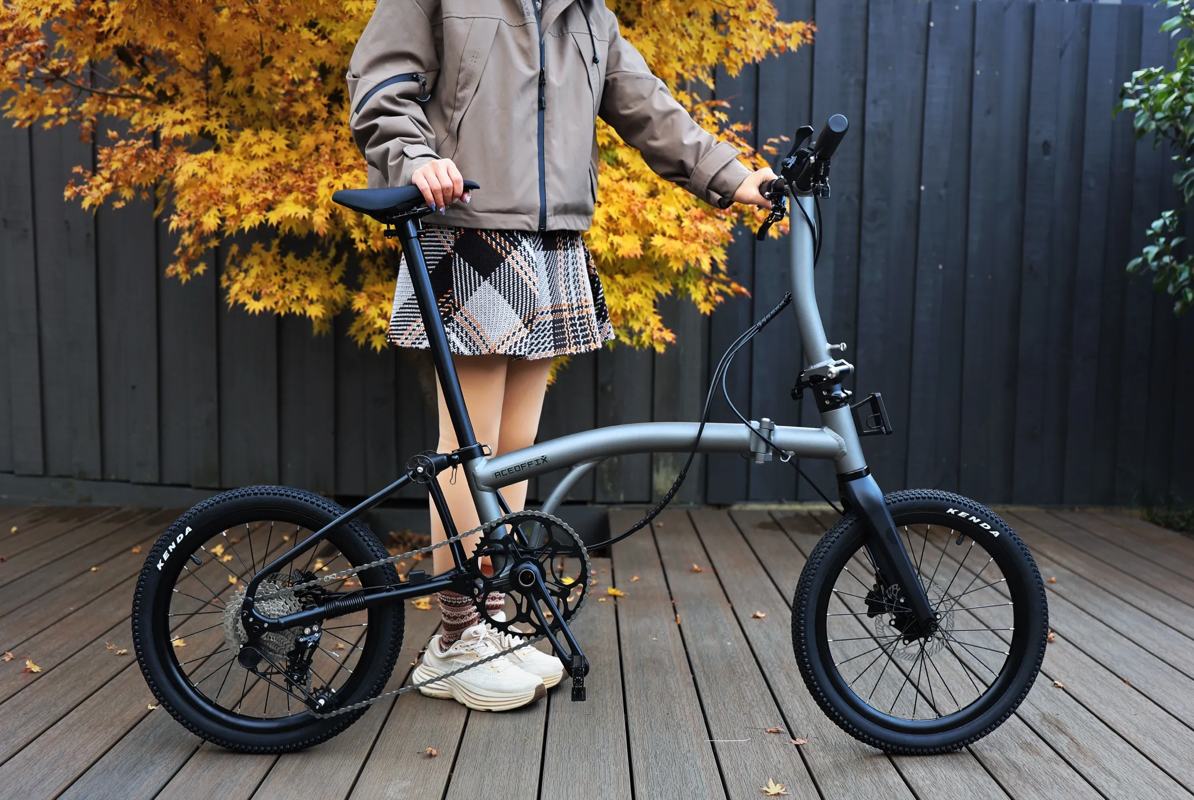 Gravon folding bike unfolded outdoors, showing the larger wheels and sportier stance in real light