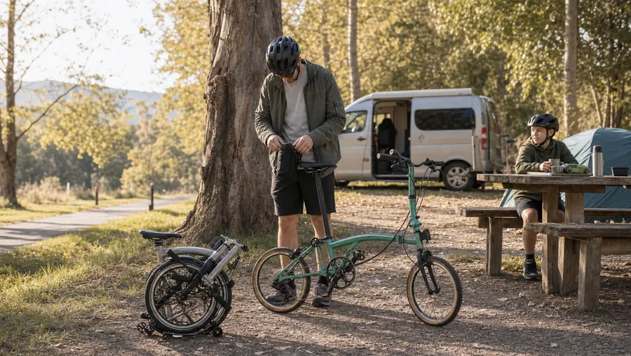 A Sage Green Lumio standing at a campground rest stop beside a folded second bike and family camper van.