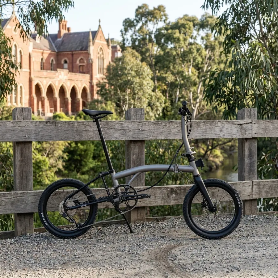 A grey Gravon leaning against a wooden fence with a heritage gothic building behind.