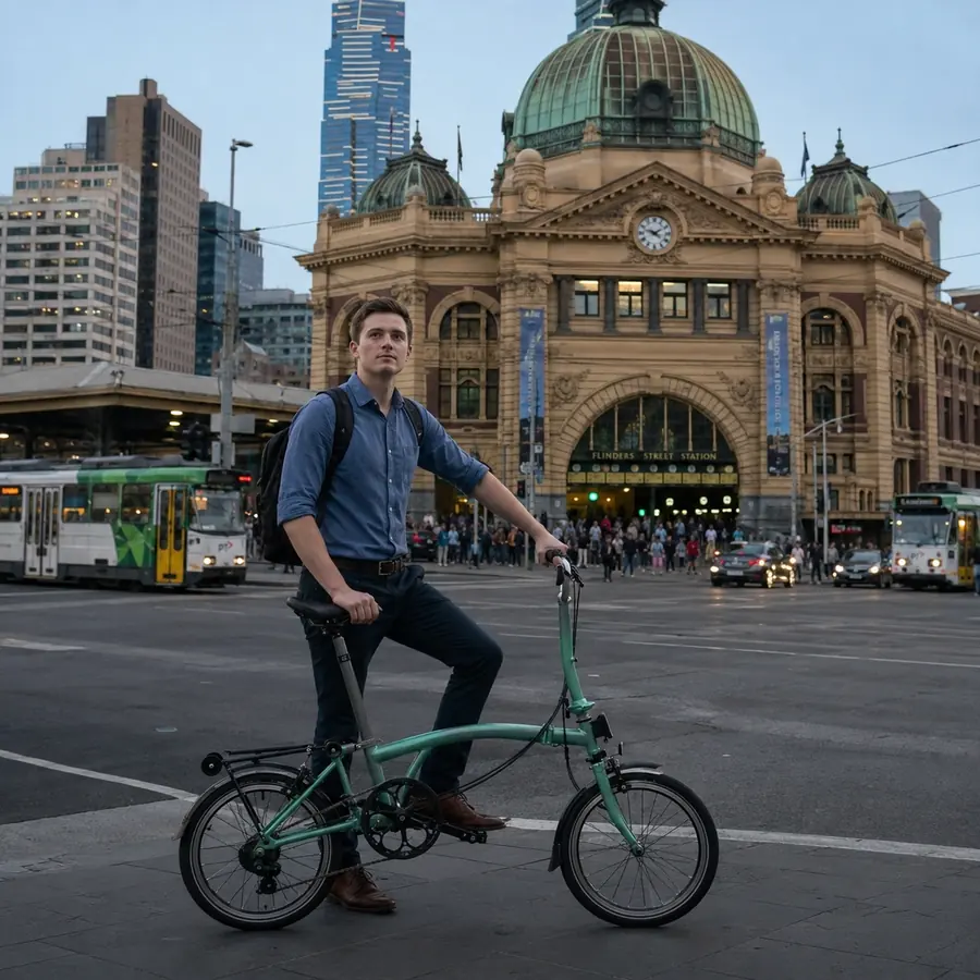 A rider with a Sage Green Lumio stands in front of the lit Flinders Street Station at dusk.