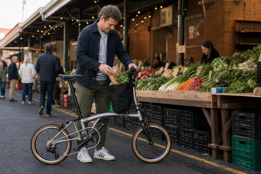 A rider loading fresh vegetables onto a silver folder at South Melbourne Market.
