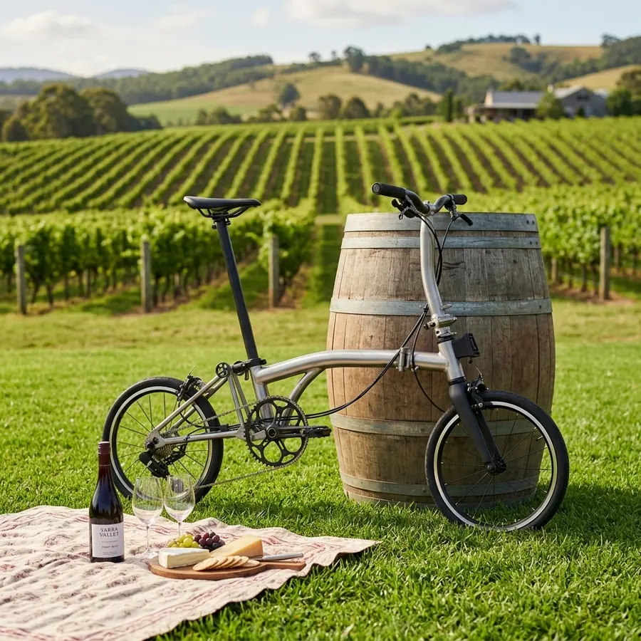 A silver Aerra leaning against a wine barrel at a Yarra Valley vineyard picnic.