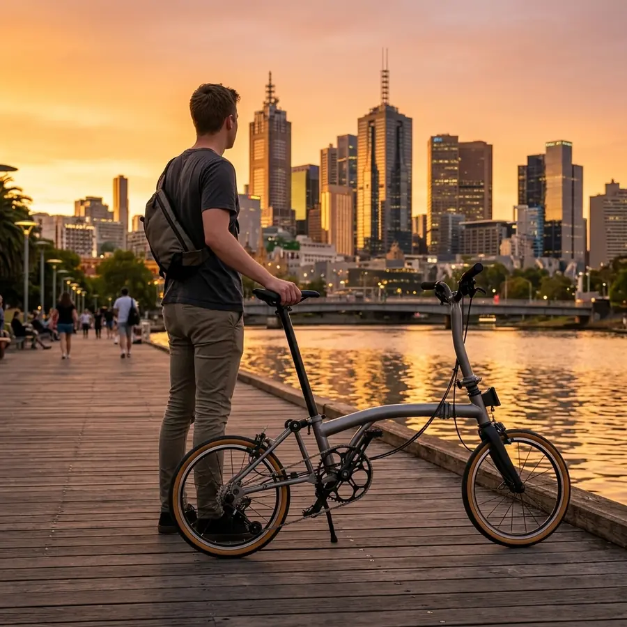A silver Aerra and its owner on the Southbank boardwalk with the Melbourne skyline at sunset.