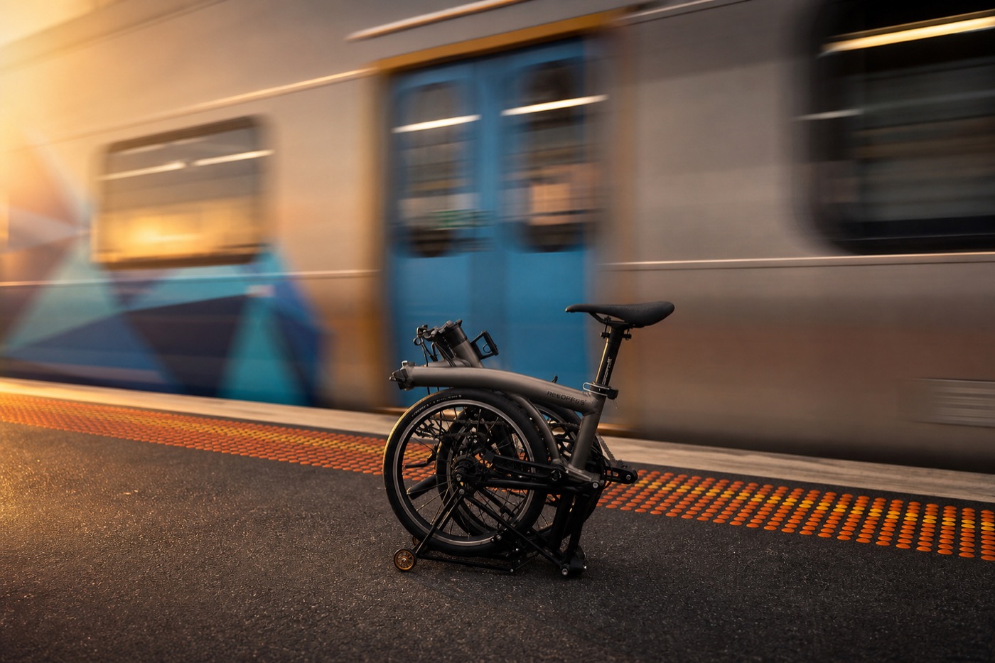 An Aerra folding bike on a Melbourne train platform, photographed from a low angle in warm evening light.